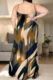 Army Green Geometric Leopard Print Sleeveless U Neck Slit Plus Size Maxi Slip Dresses