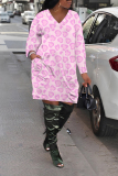 White Leopard Print V Neck Long Sleeve Pocket Casual Loose Midi Dresses
