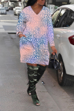 White Leopard Print V Neck Long Sleeve Pocket Casual Loose Midi Dresses