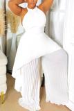 Black White Casual Backless Irregular Sleeveless Ruched Halter Tops And Pleated Wide Leg Pants Two Pieces Trouser Sets