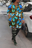 White Leopard Print V Neck Long Sleeve Pocket Casual Loose Midi Dresses