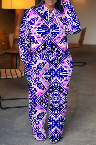 Pink Blue Graphics Print Long Sleeve Hooded Sweatshirt And Pant Casual Sportwear Two Piece Jogger Set
