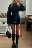 Denim Blue Turndown Collar Long Sleeve Casual Loose Distressed Denim Jacket