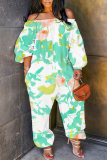 Light Purple Floral Print Off Shoulder Long Sleeve Casual Vacation Harem Leg Jumpsuits