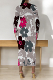 White Red Tie Dye Floral Print O Neckt Long Sleeve Casual Vacation Bodycon Midi Dress