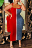 Red Blue Faux Denim Print Sleeveless Backless Spaghetti Strap Casual Outing Vacation Plus Size Bodycon Maxi Slip Dress