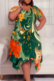 White Green Graphics Print Pocket O Neck Short Sleeve Irregular Hem Casual Plus Size Midi T-shirt Dresses