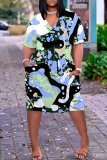 Dark Green African Girls Print V Neck Short Sleeve Plus Size Loose Pockets Casual Outing Midi T-Shirt Dress