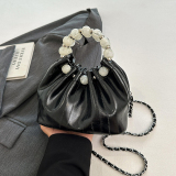 Pearls Decor Small Chanel Style Handbag Chain Crossbody Pleated Bucket Bag