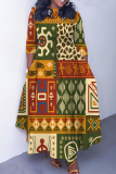 Blue Orange African Graphics Print O Neck 3/4 Sleeve Belted Waist Casual Outing Plus Size Straight Loose Maxi Dresses