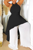 Black White Casual Backless Irregular Sleeveless Ruched Halter Tops And Pleated Wide Leg Pants Two Pieces Trouser Sets
