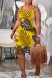 Yellow Graphics Print Sleeveless U Neck Casual Outing Plus Size Bodycon Midi Vest Dresses
