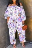 Light Purple Floral Print Off Shoulder Long Sleeve Casual Vacation Harem Leg Jumpsuits