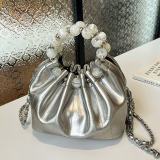 Pearls Decor Small Chanel Style Handbag Chain Crossbody Pleated Bucket Bag