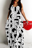 Black White Graphics Print Sleeveless Backless Spaghetti Strap Floor Length Vacation Baggy Sundress Maxi Slip Dress