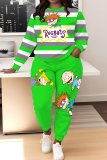 Red Sportwear Cartoon Stripe Print Round Neck Long Sleeve Sweatshirt and Pencil Sweatpants Fall Winter Two Pieces Sweatsuits Sets