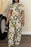 Grey Graphics Print O Neck Short Sleeve Oversize T-shirt And Wide Leg Pants Two Pieces Trouser Set