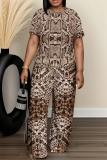 Grey Graphics Print O Neck Short Sleeve Oversize T-shirt And Wide Leg Pants Two Pieces Trouser Set