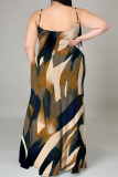 Army Green Geometric Leopard Print Sleeveless U Neck Slit Plus Size Maxi Slip Dresses
