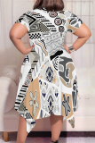 White Green Graphics Print Pocket O Neck Short Sleeve Irregular Hem Casual Plus Size Midi T-shirt Dresses