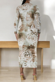 White Red Tie Dye Floral Print O Neckt Long Sleeve Casual Vacation Bodycon Midi Dress