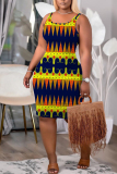Navy Blue African Map Print Sleeveless U Neck Casual Outing Plus Size Bodycon Midi Slip Dresses