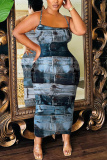 Red Blue Faux Denim Print Sleeveless Backless Spaghetti Strap Casual Outing Vacation Plus Size Bodycon Maxi Slip Dress