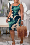 Yellow Graphics Print Sleeveless U Neck Casual Outing Plus Size Bodycon Midi Vest Dresses