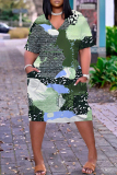 Dark Green African Girls Print V Neck Short Sleeve Plus Size Loose Pockets Casual Outing Midi T-Shirt Dress