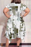 White Green Graphics Print Pocket O Neck Short Sleeve Irregular Hem Casual Plus Size Midi T-shirt Dresses