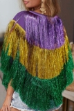 Multicolor Cape Sleeves O Neck Fringed Trim Party Poncho Metallic Top