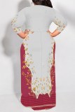 Navy African Floral Print O Neck 3/4 Sleeve Floor Length Long Plus Size Vacation Casual Maxi Dresses
