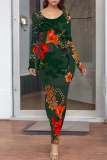 Dark Green Geometric Flowers Print O Neckt Short Sleeve Casual Vacation Bodycon Midi T-shirt Dress