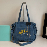 Blue Casual Embroidery Pocket Chains Zipper Large Capacity Denim Tote Bag