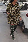 White Leopard Print V Neck Long Sleeve Pocket Casual Loose Midi Dresses