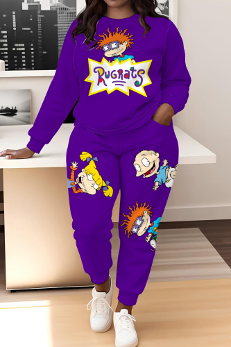 White Sportwear Cartoon Letter Print Round Neck Long Sleeve Sweatshirt and Pencil Sweatpants Fall Winter Two Pieces Sweatsuits Sets