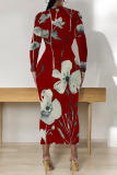 White Floral Print O Neckt Long Sleeve Casual Vacation Bodycon Midi Dress