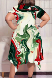 White Green Graphics Print Pocket O Neck Short Sleeve Irregular Hem Casual Plus Size Midi T-shirt Dresses