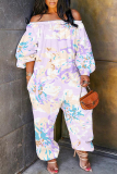 Light Purple Floral Print Off Shoulder Long Sleeve Casual Vacation Harem Leg Jumpsuits