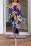 Dark Purple Floral Print O Neckt Short Sleeve Casual Vacation Bodycon Midi T-shirt Dress