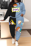Blue Red Sportwear Cartoon Letter Print Round Neck Long Sleeve Sweatshirt and Pencil Sweatpants Fall Winter Two Pieces Sweatsuits Sets