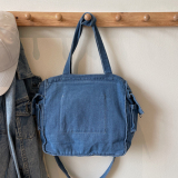Blue Casual Embroidery Pocket Chains Zipper Large Capacity Denim Tote Bag