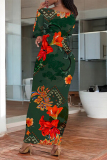 Dark Green Geometric Flowers Print O Neckt Short Sleeve Casual Vacation Bodycon Midi T-shirt Dress