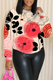 Khaki Floral Print O Neck Long Sleeve Casual Fall Winter Sweatshirt