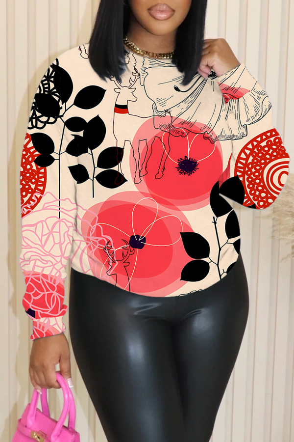 Khaki Floral Print O Neck Long Sleeve Casual Fall Winter Sweatshirt