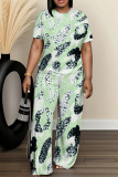 Grey Graphics Print O Neck Short Sleeve Oversize T-shirt And Wide Leg Pants Two Pieces Trouser Set