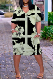 Dark Green African Girls Print V Neck Short Sleeve Plus Size Loose Pockets Casual Outing Midi T-Shirt Dress