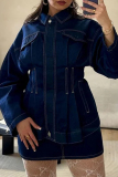 Denim Blue Turndown Collar Long Sleeve Casual Loose Distressed Denim Jacket