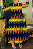 Navy Blue African Graphcis Print O Neck 3/4 Sleeve Belted Waist Casual Vacation Plus Size Loose Maxi Dresses