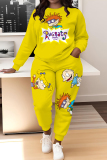 White Sportwear Cartoon Letter Print Round Neck Long Sleeve Sweatshirt and Pencil Sweatpants Fall Winter Two Pieces Sweatsuits Sets